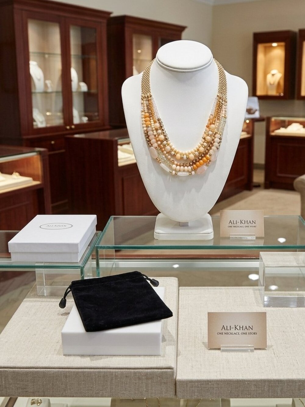 Ali Khan Multi-Strand Beaded Necklace – Peach/Gold  with gift box